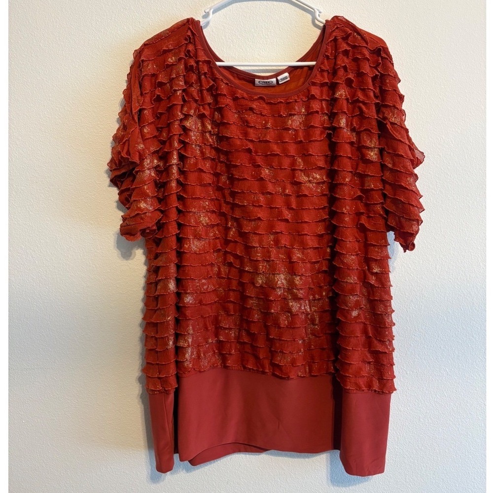 Cato Woman Red Gold Metallic Ruffle Tiered Short Sleeve Blouse‎ plus size 22/24